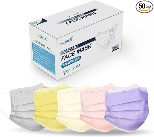FriCARE Disposable Face Masks, 3-Ply ASTM Level 3 Medical Grade, Breathable & Comfortable for Adult Daily Work/Sun Protection, 50 Pack Peach Blossom Dream