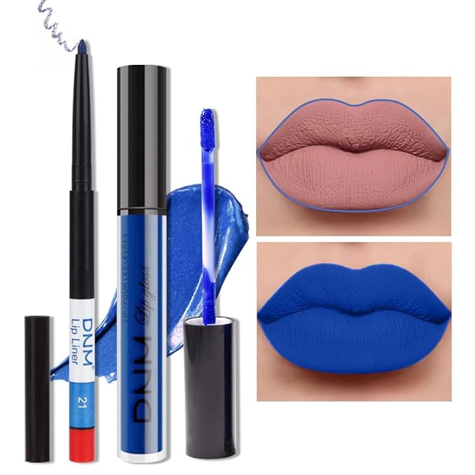 AMY'S DIARY 2pcs Blue Matte Lip Liner and Lipstick Makeup Set, Liquid Lipstick 24H and Lip Liner Set Matt Liquid Lips Make Up Waterproof Long Lasting Lipstick Matte Kit with Lip liner (08)