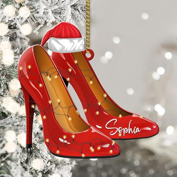 Personalized Name Red Shoes Christmas Shape Flat Ornament, Red High Heel Shoe Xmas Ornament, Shoe Lover Hanging Tree Keepsake, 97
