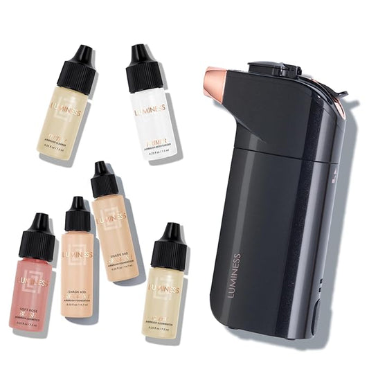 Luminess BREEZE DUO Airbrush Makeup System, Medium Coverage – 9-Piece Kit includes 2x Silk Airbrush Foundation, Soft Rose Blush, Glow Highlighter, Moisturizer Primer, and Airbrush Cleaning Solution