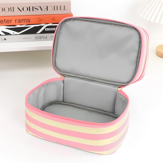 Three Layer Makeup Bag for Women Fashion Stripes Cosmetic Bag Preppy Style Travel Water-Resistant Toiletry Bag for Storage Toiletries Cosmetics Sets for Women Teen Girls Pink
