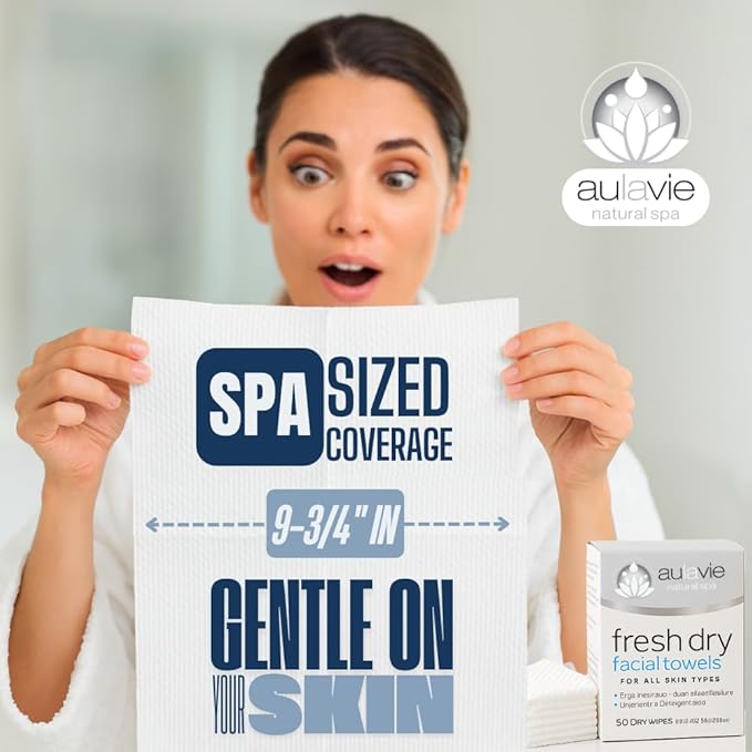 AULAVIE Fresh Disposable Face Towels, XL Self Care Dry Cleansing Cloth for All Skin Types, Ultra Soft Makeup Remover Wipes, Dry Towelettes for Acne and Skincare, Biodegradable; 10"x12" - 50 Wipes