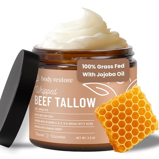 Body Restore Grass Fed Whipped Beef Tallow for Dry Skin, Face - Manuka Honey, Jojoba Oil, Christmas Stocking Stuffers, White Elephant, Birthday Gifts for Women, Men, Travel Essentials - Unscented