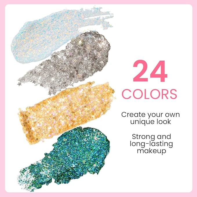 evpct 24 Colors Glitter Eyeshadows Palette Makeup for Women, Black White Pink Green Blue Rainbow Sparkle Neon Metallic Shimmer Shiny Eyeshadow Palette, Body Pressed Eye Shadow Glitter Palette Makeup