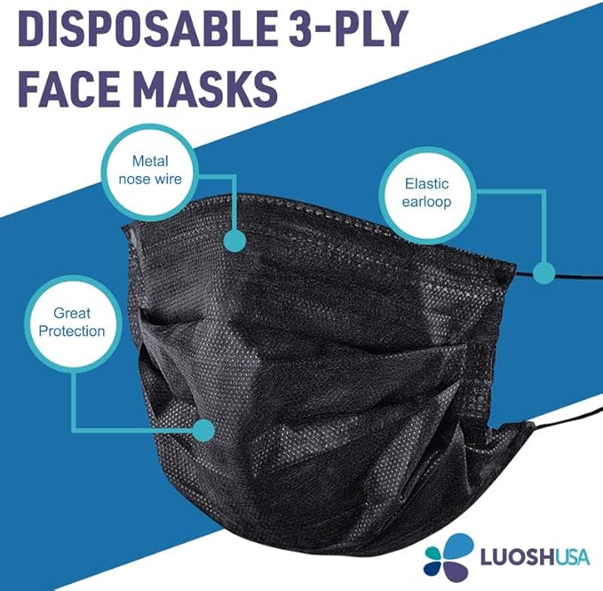 Luosh Face Masks Disposable Made in USA, 3 Ply Disposable Masks 50pcs,Adult Mask, Kids Mask, Black Masks, White Masks