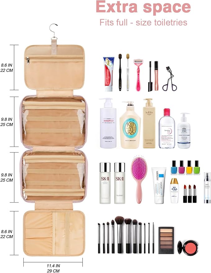 Women's Hanging Toiletry Bag, Waterproof Travel Cosmetic Organizer with Jewelry Storage, Large Capacity Makeup Case for Full-Size Skincare & Bathroom Essentials, Portable Cosmetic kit, Pink