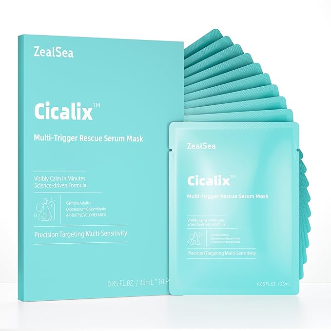 Cicalix Face Masks Skincare Set, ZealSea Derm Solution Sheet Mask for Multi-Trigger Sensitivity, Soothing & Calming, Strengthen & Restore Skin, Facial Mask with Cica & Ceramide, 10 Pack