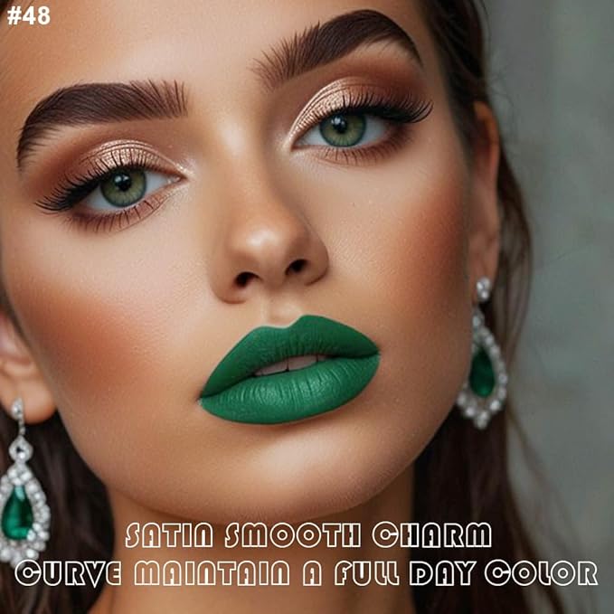 AMY'S DIARY 2Pcs Green Matte Lip Liner and Lipstick Makeup Set, Green Lip Stain Lip Gloss Matt Liquid Lipstick 24H Long Lasting lapiz labiales mate 24 horas originales larga duracion (green 48#)