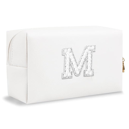 Bride Gifts – Personalized Initial Makeup Bag with Pearl Rhinestone Patch, Preppy White Monogram Cosmetic/Toiletry Pouch, bridesmaid Gifts, Bridal Shower Gifts, Wedding Gifts, Bridal Gifts,M