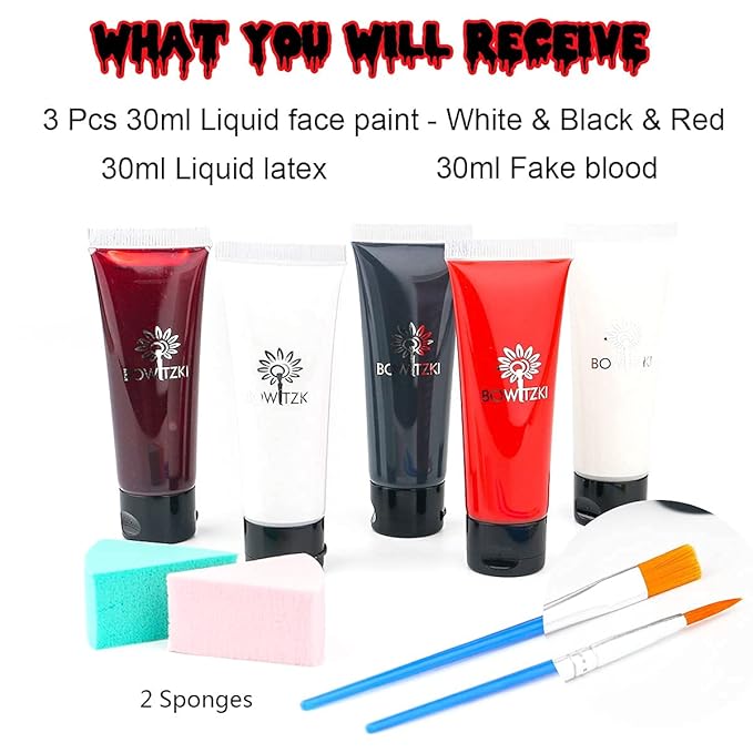 Bowitzki Halloween Makeup Set Special Effects Kit Cream Face Paint Water Based Liquid Latex Fake Blood Brush Sponges Body Painting SFX Zombie Vampire Monster Christmas Party (No Scar Wax)