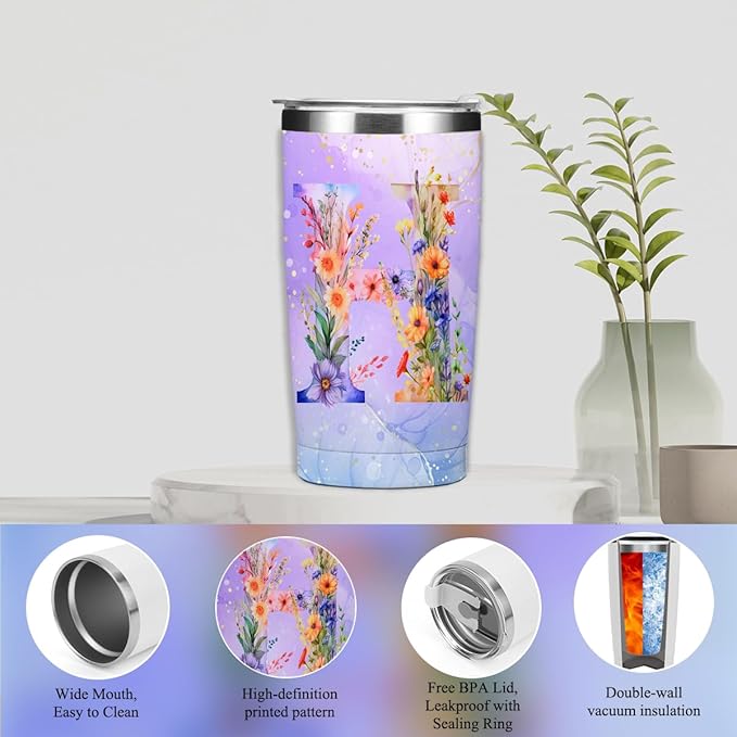 Personalized Gifts Monogrammed Birthday Gifts for Women, Bridesmaid Bachelorette Party Christmas Initial 20 oz Tumbler, Makeup Bag Cup Ballpoint Pens Journal Notebook 6 Set (Aesthetic Purple Flower H)