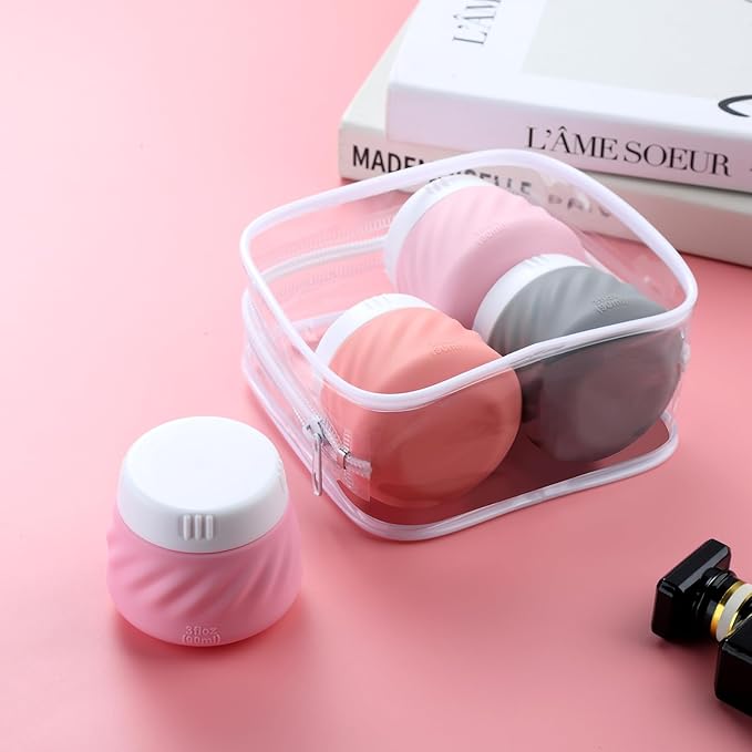 Gemice Silicone Cream Jars TSA Approved Travel Size Containers with Toiletry Bag, Wide Mouth Leak-proof Travel Accessories with Lid for Cosmetic Cream (4 Pack)
