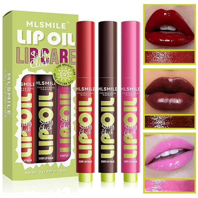 3 Colors Fat Lip Oil Click Slick,Press Lipstick Set, moisturizing and nourishing long-lasting lipstick, non-sticky high-pigment glossy lip oil, lightweight and shiny coconut oil lip plumper (Set-C)
