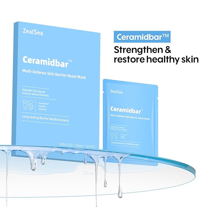 Ceramidbar Face Masks Skincare Set, ZealSea Derm Solution Sheet Mask for Multi-Trigger Sensitivity, Soothing & Calming, Strengthen & Restore Skin, Facial Mask with Cica & Ceramide, 10 Pack