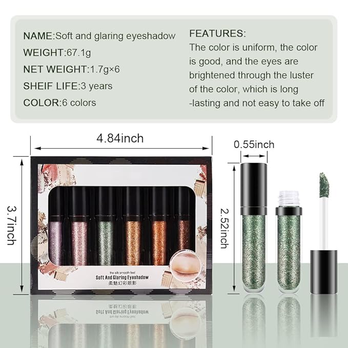evpct 6 Colors Gold Liquid Glitter Eyeshadow Colorful Liquid Eyeliner Set Silver Shimmer Sparkle Shiny Light Glitter Metallic Pigment Eye Shadow Liner Makeup Palette Kit Quick Drying Longwearing B