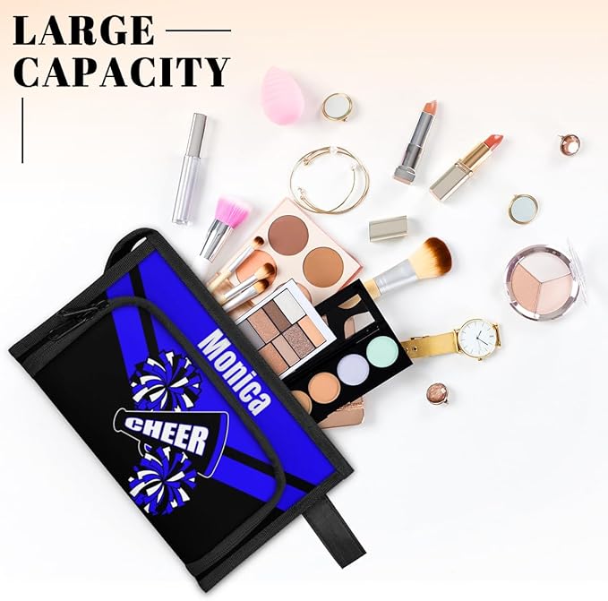 Custom-Makeup-Bag Personalized Travel Toiletry Bag Text Customized Cheer Makeup Bags Cosmetic Bags for Women With Divider & Handle Dark Blue
