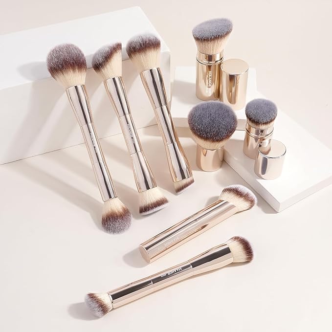MAANGE 8 Pcs Makeup Brushes with Bag, Double-End Multi-functional Makeup Brushes for Blending Liquid Powder Concealer Cream Blush Buffe (Gold)