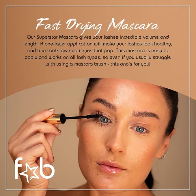 Fab Superstar Mascara: Waterproof Volumizing High Lash Lift Beauty Mascara: Black Liquid Mascarra for Bold Volume and Length - Infused with Keratin and Biotin for Longer, Better Defining Lashes - 10ml