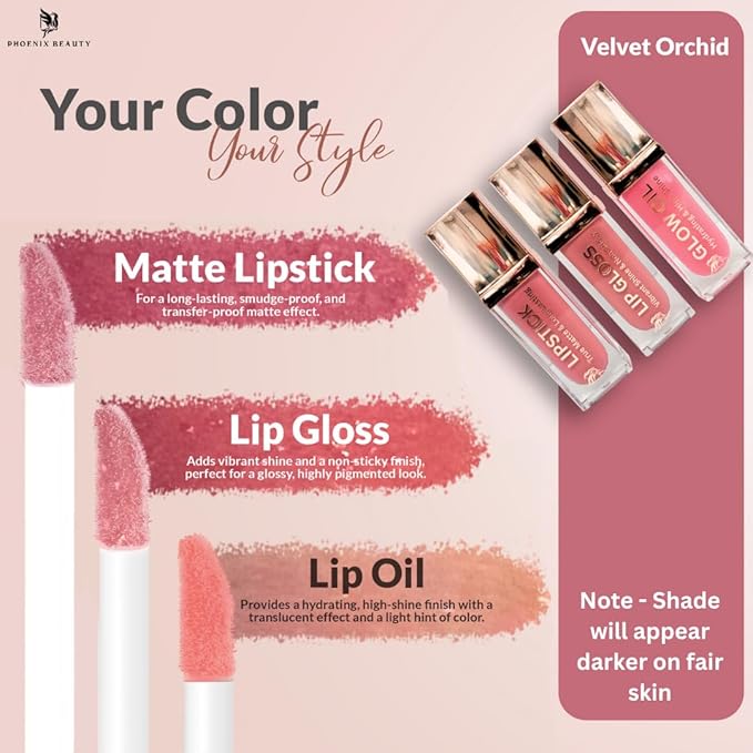 Lip Trio – Mauve Matte Lipstick + Gloss & Lip Oil | Smudge-Resistant Lipstick + Hydrating Lip Care with Jojoba & Vit-E | Non-Toxic, Vegan Gift Set for Soft Glam (Velvet Orchid)