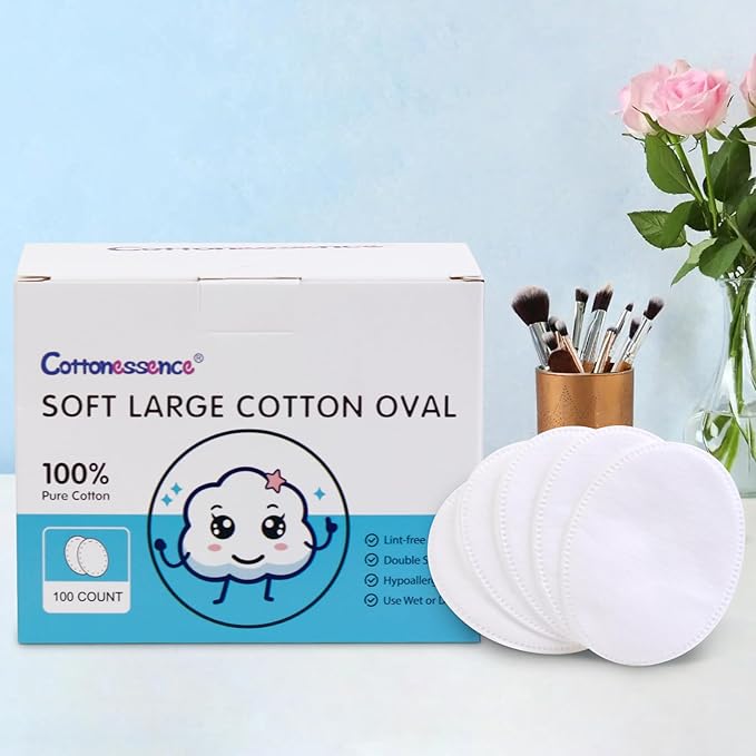Oval Cotton Pads (100-Count)- 100% Pure Cotton, Gentle Enough for Babies, Soft Texture, Large Size, Lint-Free, Double Sided, Hypoallergenic, Use Wet or Dry