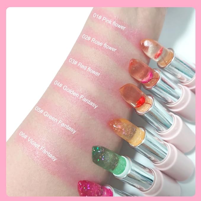 BINGBRUSH 3Pcs Ph Lipstick Color Changing,Pink Crystal Jelly Flower Clear Mood Long Lasting Labiales Lip Care Moisturizer Lip Balm Korean Magic Lip Gloss 24 Hours Lip Tinted Stain Makeup Set for Women