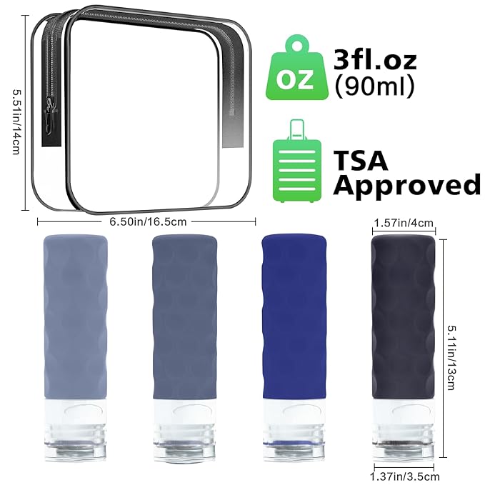 Travel Bottles for Toiletries, 4pcs Tsa Approved 3oz Travel Size Containers, BPA Free Leak Proof Premium Silicone Bottles, Refillable Liquid Squeezable Accessories W/Toiletry Bag (Blue)