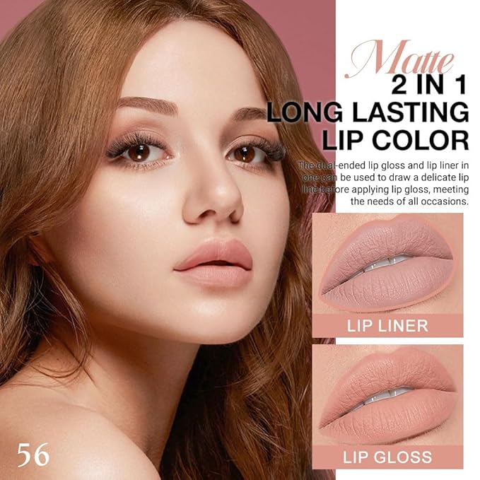 1Pcs 2 in 1 Bright Pure Nude Pink Lip Liner and Liquid Lipstick Stain Makeup Set for women, Nude Long Lasting Smudge Proof Lip Tint Matte Finish Lip Gloss for All-Day Color Hold Easy to Use 56#