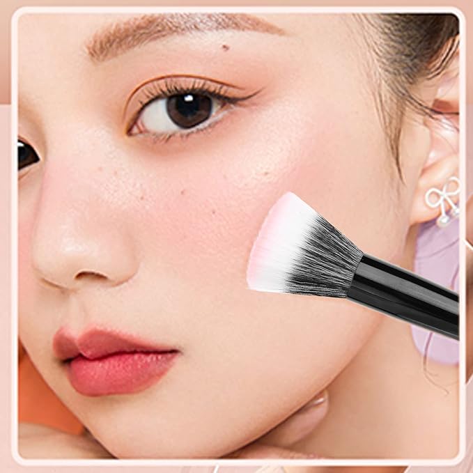 MSQ Stipple Blush Brushes, 2PCS Duo Fiber Stippling Brush Flat Top Double Stipple Makeup Brush, Great for Blending, Highlight, Blush,Contour, Cream, Foundation,Smooth & Natural (Black Stipple)