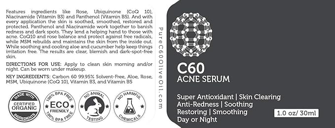 C60 Acne Serum 30ml with Aloe, Rose, MSM, CoQ 10, Vitamins B3 + B5 & Anti Aging Wrinkle Complexes for Men & Women Made with Organic Ingredients