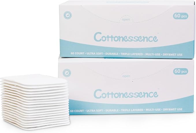 Premium Exfoliating Cotton Pads (60 Count) - 100% Cotton, Extra-Soft and Lint-Free, Durable Squares for Facial, Lip, and Eye Makeup Removal (White A)