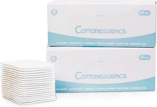 Premium Exfoliating Cotton Pads (60 Count) - 100% Cotton, Extra-Soft and Lint-Free, Durable Squares for Facial, Lip, and Eye Makeup Removal (White A)