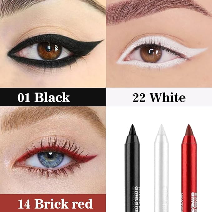 evpct 3Pcs Black & Red & White Gel Glitter Matte Metallic Eyeliner Pencils Set for Women Waterproof Smudge Proof lapiz de ojos delineador de ojos contra el agua Eye Liner Makeup 01 14 22