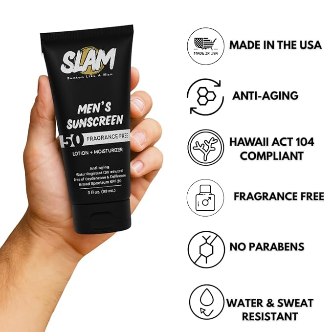 SLAM Men's Sunscreen Lotion SPF 50 & Moisturizer – Face & Body Sunblock, Anti-Aging, Water-Resistant, Hawaii Act 104 Safe, Skincare for Men, Unscented – 3 fl oz.each. Double pack.