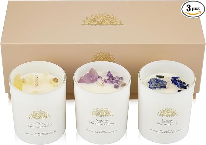 Soy Candles with Healing Crystals. Amethyst, Lazurite, Citrine Crystal. Lavender, Sea Salt & Orchid, French Vanilla. Positivity Energy Gift for Women, 3PC Scented Candle Set 3.5 oz Each