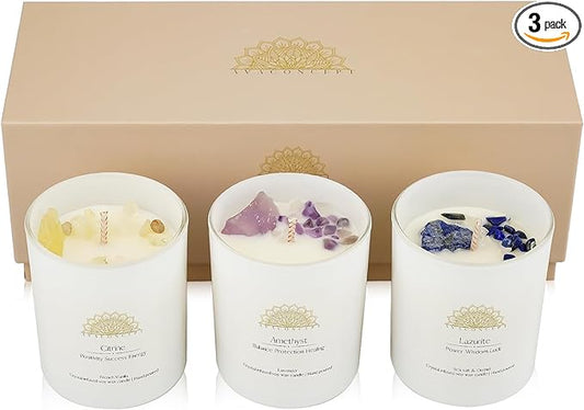 Soy Candles with Healing Crystals. Amethyst, Lazurite, Citrine Crystal. Lavender, Sea Salt & Orchid, French Vanilla. Positivity Energy Gift for Women, 3PC Scented Candle Set 3.5 oz Each