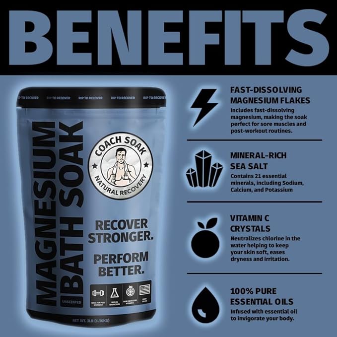 Coach Soak Recovery Bath Soak - Alternative to Epsom Salt Bath Soak - Fast-Absorbing Pure Magnesium Flakes with 21 Minerals, Bath Salts & Essential Oils - 3 lb (1 Pack) - Unscented