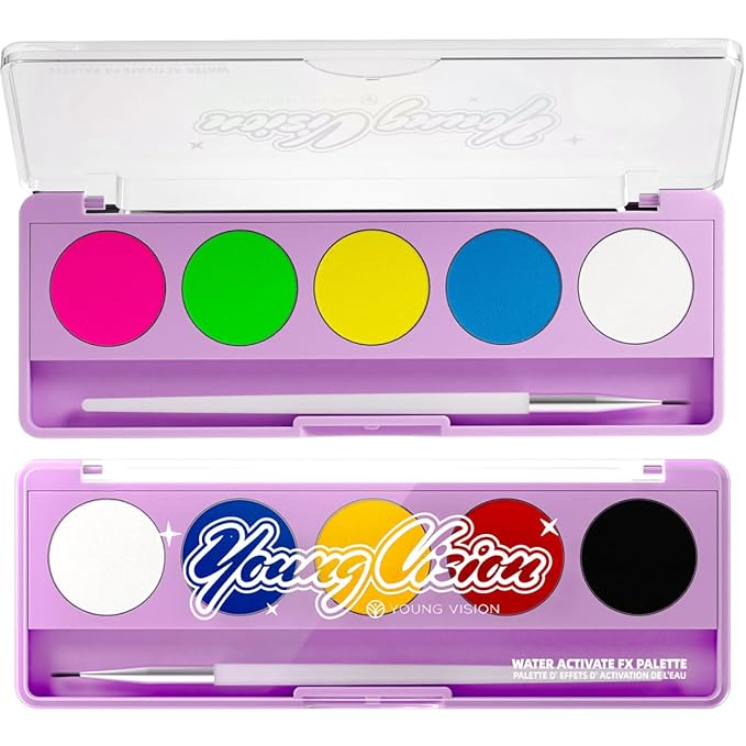 YOUNG VISION 2-PACK Water-Activated Face & Body Paint Palette Set – Neon Fluorescent, Glow Under UV and Blacklight, FX Makeup for Face Painting, Blacklight Glow, Eyeliner, and Body Art
