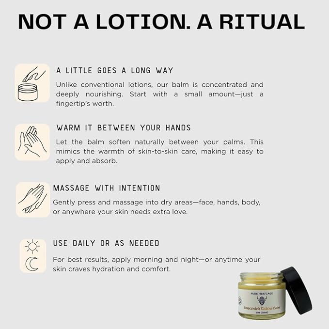 Pure Heritage Handmade Tallow Balm – Unscented Grass-Fed & Finished Moisturizer & Healing Cream | Natural Care for Sensitive Skin, Eczema, Rosacea, Babies, Men & Women (4oz)