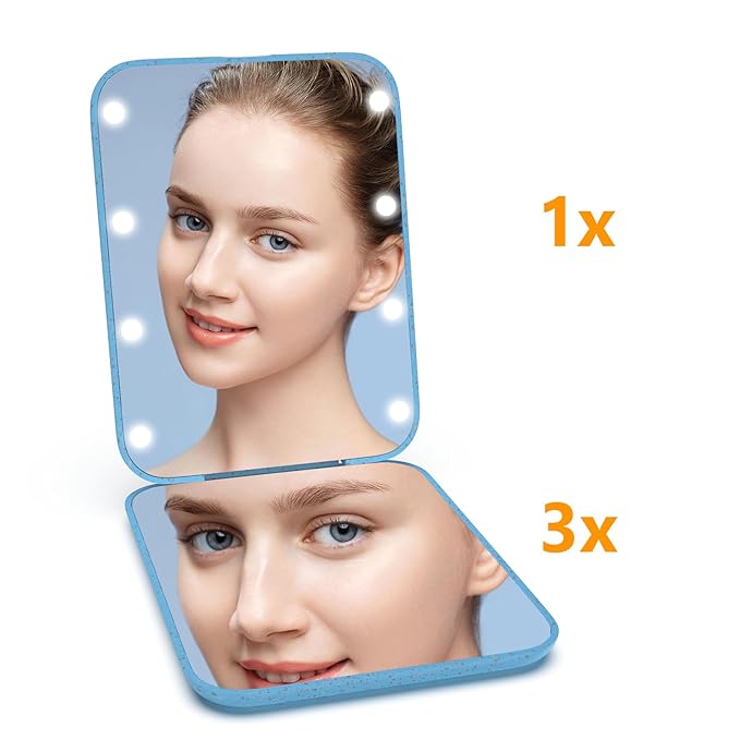 Kintion Wheat Straw Pocket Mirror, 1X/3X Magnification Travel Mirror for Purse, Folding Handheld Mirror, Small Lighted Compact Mirror for Gift, Blue