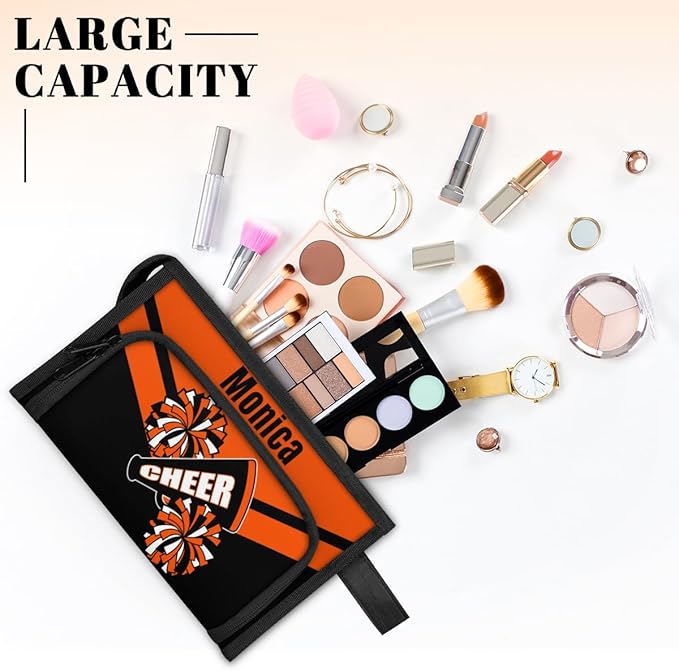 Custom-Makeup-Bag Personalized Travel Toiletry Bag Text Customized Cheer Makeup Bags Cosmetic Bags for Women With Divider & Handle Orange