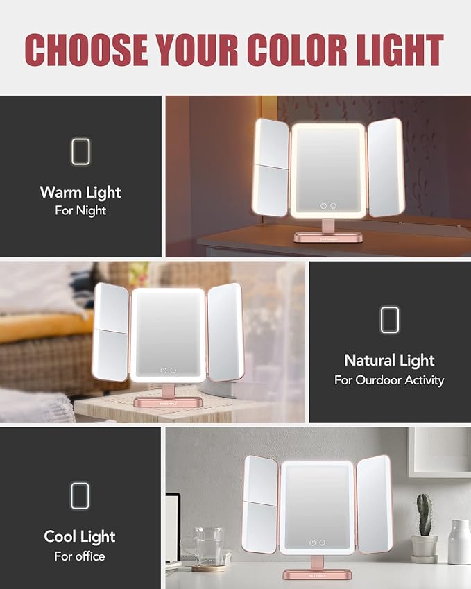 EASEHOLD Rechargeable Vanity Mirror with Lights, 116 LEDs Make up Mirror, 3-Color Lighted Makeup Mirror, 2X/3X/10X Magnification, 5000 mAh, Touch Sensor, Light up Mirror, Gifts for Women