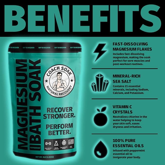 Coach Soak Magnesium Bath Soak Bundle - Bath Flakes with Peppermint & Vitamin C, Oil Spray & Cooling Lotion with MSM - (3 Pack) - Cooling Peppermint