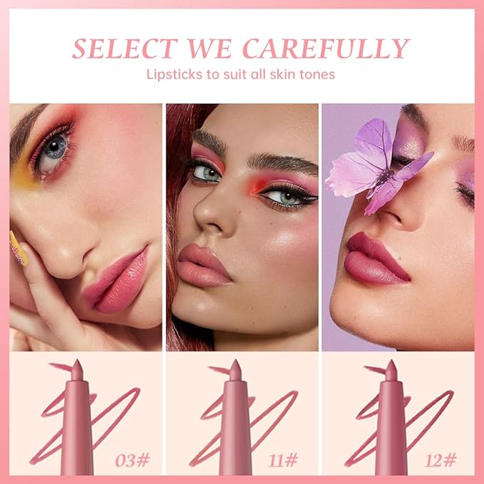 Matte Lip Liner Pencil Set, 12 Colors, Waterproof, Smudge-Proof, Long-Lasting, Semi-Glossy Finish for Defining, Contouring (2#, 3Count (Pack of 1))