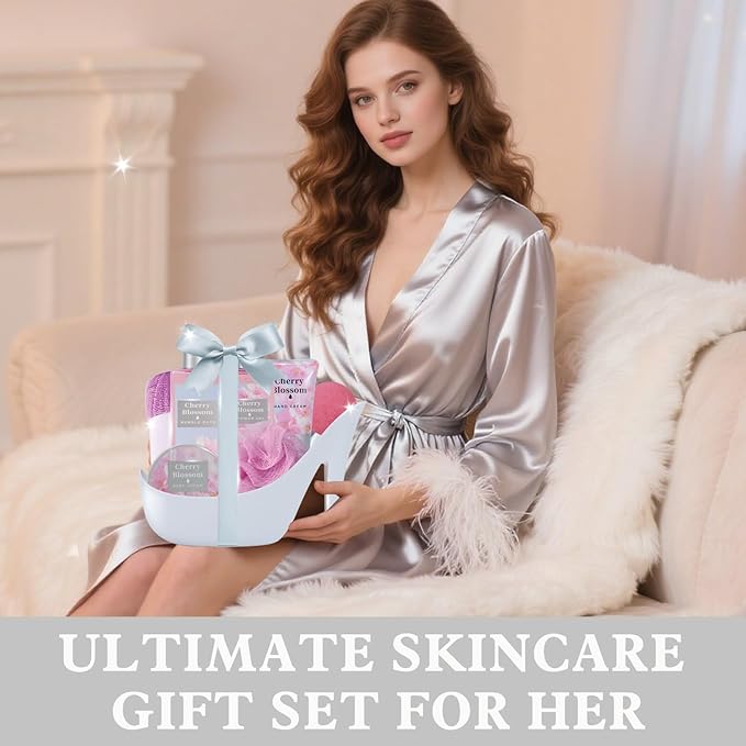 Cherry Blossom Gifts for Women Spa Basket, High Heel Bath Set with Shower Gel & Bath Bombs, Mother's Day Birthday, Anniversary Gifts for Mom, Sister, Bestie