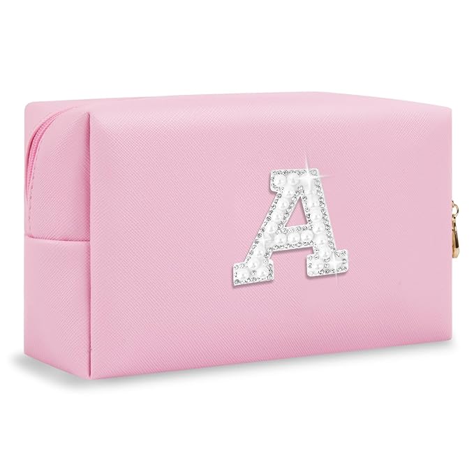 ChaoGreat Bride Gifts – Personalized Initial Makeup Bag with Pearl Rhinestone Patch, Preppy Pink Monogram Cosmetic/Toiletry Pouch, bridesmaid Gifts, Bridal Shower Gifts, Wedding Gifts, Bridal Gifts,A