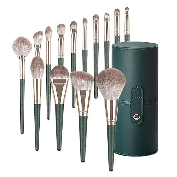 Professional Makeup Brush Set, 13 Pieces, Green Handle with Silver Ferrule, Travel Case Included