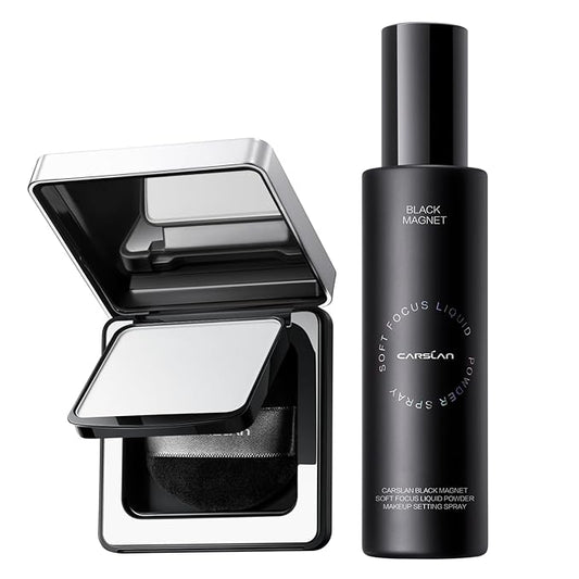 CARSLAN Black Magnet Soft Focus Pressed Powder+Liquid Powder Makeup Setting Spray, 24H Oil Control, Waterproof, Longwear Face Set Combo