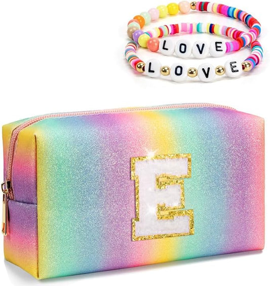 Kindergarten Graduation Gifts for 4 5 6 7 8 9 10 11 12 Year Old Girls, Initial Makeup Toiletry Bag with Friendship Bracelets for Kids, Birthday Gifts, Spa Stuff, Letter Zipper Pouch (Small)