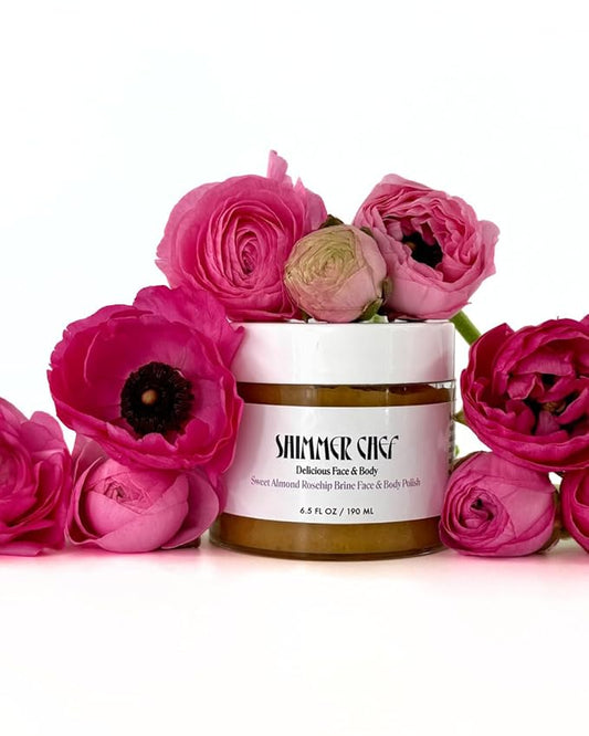 SHIMMER CHEF Sweet Almond Rosehip Brine Face & Body Polish | Fusion of Himalayan & Dead Sea Salt, Maple Sugar, Omega 3s & Vitamin E | Reveals Radiance, Elevates Mood with an Exquisite Fragrance 6.5 oz