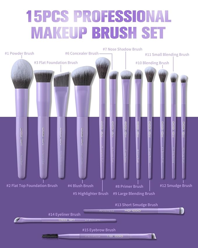 EIGSHOW Makeup Brushes Set, 15Pcs Professional Make Up Brush with Silver Ion Bristles for Foundation Powder Blush Highlighter Concealer Eyeshadow Eyeliner, Travel Gift Set (Matte Purple)